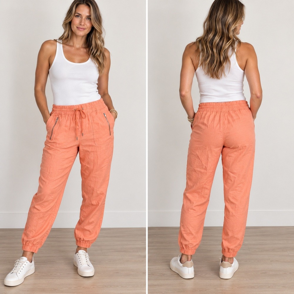 Athleta Joggers Cabo Linen Orange Drawstring Casual Size 14